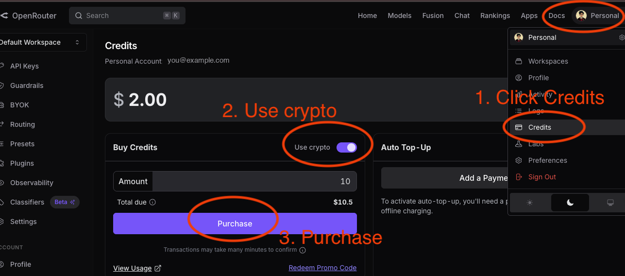 OpenRouter Credits page: Credits → enable Use crypto → Purchase
