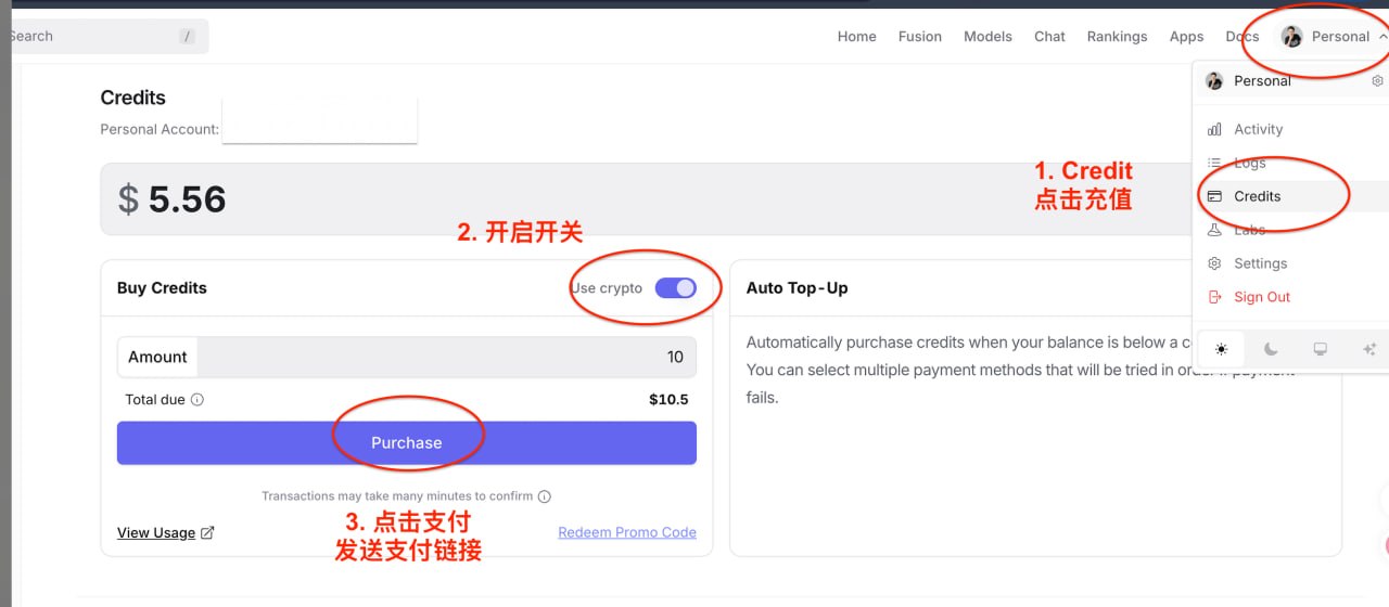 OpenRouter Credits 页面:Credits → 开启 Use crypto → Purchase 三步