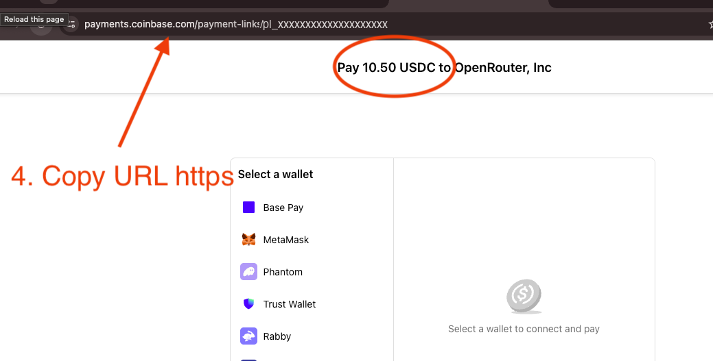 Copy the Coinbase payment link, return to ROZO, and confirm the top-up amount